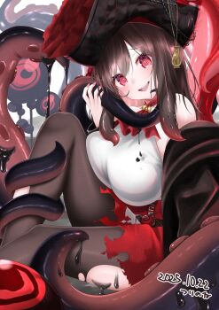 1girl azur_lane bare_shoulders breasts brown_hair fingernails hat highres large_breasts long_hair looking_at_viewer open_mouth pirate_hat red_eyes royal_fortune_(azur_lane) smile solo tentacle_hair tentacles torn_clothes tsuri_pi