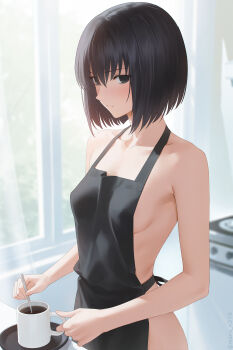 1girl apron black_apron black_eyes black_hair blurry blurry_background breasts closed_mouth coffee coffee_mug commentary cup hair_between_eyes highres holding holding_cup indoors kitchen kuonji_alice light_blush light_frown looking_at_viewer mahou_tsukai_no_yoru medium_breasts miura-n315 mug naked_apron short_hair sideways_glance solo split_mouth stove twitter_username type-moon upper_body window