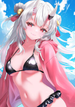 1girl absurdres alternate_costume bell bikini black_bikini blush breasts closed_mouth demon_girl demon_horns double_bun frilled_bikini frills hair_bell hair_bun hair_ornament highres hololive horns jacket long_hair nakiri_ayame nanaki24 navel oni pink_jacket red_eyes smile solo stomach swimsuit virtual_youtuber white_hair
