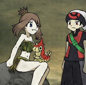 1boy 1girl amayzing2002 armpit_crease arms_at_sides bikini black_hair blue_eyes brendan_(pokemon) brown_hair collarbone eyelashes fangs flat_chest frown gen_3_pokemon grass_skirt happy hat highres jungle knees leaf_bikini legs looking_at_another may_(pokemon) medium_hair midriff nature navel neck nintendo no_bra no_panties official_alternate_costume on_lap outdoors pokemon pokemon_(creature) pokemon_adventures pokemon_on_lap red_eyes revealing_clothes short_hair short_sleeves sidelocks sitting smile standing swept_bangs thighs tomboy topknot wurmple