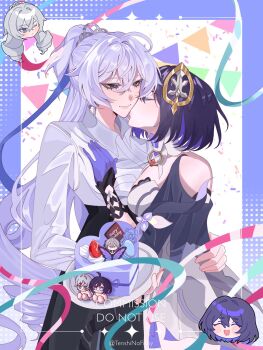 2girls ahoge artist_name bare_shoulders black_hair black_skirt blush blush_stickers border breast_pocket breasts bronya_zaychik bug butterfly cake choker closed_eyes closed_mouth clothing_cutout collared_shirt colored_inner_hair commentary commission confetti cowboy_shot crossed_bangs dress english_commentary flower food gloves grey_eyes grey_hair hair_between_eyes hair_ornament half-closed_eyes hand_around_waist hand_on_another&#039;s_chest hand_up happy_birthday headpiece heart heart-shaped_cake heart-shaped_food high_ponytail highres holding holding_tray honkai_(series) honkai_impact_3rd insect kiss kissing_cheek large_breasts long_sleeves looking_at_another macaron medium_breasts multicolored_hair multiple_girls multiple_views one_eye_closed open_mouth outside_border pocket ponytail purple_border purple_butterfly purple_flower purple_gloves purple_hair purple_ribbon purple_rose ribbon rose seele_vollerei shirt short_hair short_ponytail short_sleeves shoulder_cutout skirt smile sparkle standing string_of_flags tape tenshinofishy tray white_background white_choker white_dress white_shirt yuri