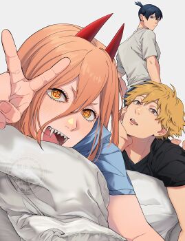 Rule 34 | 1girl, 2boys, black hair, black shirt, blonde hair, blue shirt, brown eyes, chainsaw man, commentary request, cross-shaped pupils, demon girl, denji (chainsaw man), earrings, furrowed brow, grey background, grey shirt, hair between eyes, hayakawa aki, head on hand, highres, horns, jewelry, light blush, long hair, looking at viewer, multiple boys, okiba0, open mouth, orange eyes, pillow, pink hair, ponytail, power (chainsaw man), red horns, sharp teeth, shirt, short hair, short ponytail, smile, symbol-shaped pupils, teeth, upper body, v
