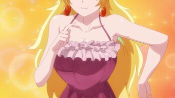 1girl animated anime_screenshot blonde_hair bouncing_breasts breasts cleavage collarbone dress earrings flower goa_(kizetsu_yuusha) hair_flower hair_ornament hand_on_own_hip highres jewelry kizetsu_yuusha_to_ansatsu_hime large_breasts long_hair one_eye_closed sleeveless smile sound tagme video wink yellow_eyes