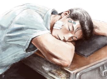 Rule 34 | 1boy, bandaid, bandaid on face, bandaid on forehead, black hair, blue hair, closed eyes, closed mouth, desk, eyelashes, gauze, gauze on cheek, gauze on face, highres, k05062688, lips, male focus, mito youhei, nose, school desk, short hair, slam dunk (series), sleeping, sleeping on desk, solo