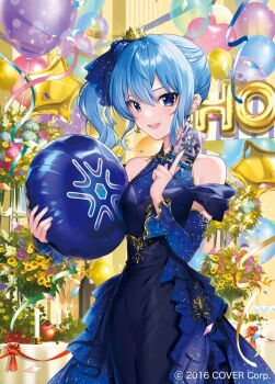 1girl :d balloon bare_shoulders blue_dress blue_eyes blue_hair blue_nails blue_ribbon blue_sleeves bouquet breasts card confetti copyright_notice crown detached_sleeves double-parted_bangs dress earrings flower frilled_dress frills gold_trim hair_between_eyes hair_ribbon halter_dress halterneck heart_balloon holding holding_balloon holding_card hololive hoshimachi_suisei indoors jewelry medium_hair mini_crown nail_polish off-shoulder_dress off_shoulder official_art open_mouth print_dress print_sleeves ribbon side_ponytail sidelocks small_breasts smile solo star_(symbol) star_balloon star_earrings star_in_eye starry_sky_print symbol_in_eye teeth tilted_headwear upper_teeth_only virtual_youtuber yukiko_(tesseract)