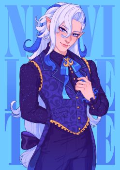 1boy alternate_costume bloominflowers blue_background blue_eyes blue_jacket blue_pants blue_ribbon blue_shirt collared_shirt genshin_impact highres jacket long_hair looking_at_viewer neck_ribbon neuvillette_(genshin_impact) pants pointy_ears ribbon shirt sleeveless sleeveless_jacket solo text_background white_hair