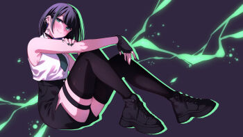 1girl absurdres arm_rest black_gloves black_hair black_nails black_shoes black_thighhighs breasts commentary_request cross cross_earrings earrings fingerless_gloves full_body gloves green_eyes green_hair head_tilt high-waist_shorts highres jewelry medium_breasts multicolored_hair shijin_(musician) shirt shoes short_shorts shorts sitting sleeveless sleeveless_shirt smile solo streaked_hair thigh_strap thighhighs tohyama_shage two-tone_hair