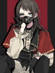 Rule 34 | 1girl, bang dream!, bang dream! it&#039;s mygo!!!!!, black background, black footwear, black gloves, black hair, black mask, black vest, boots, commentary, earrings, gloves, green eyes, half gloves, head rest, highres, jewelry, long sleeves, looking at viewer, mask, medium hair, mouth mask, nanami (nunnun 0410), pants, red background, sitting, solo, stud earrings, thigh boots, two-tone background, vest, white pants, yahata umiri