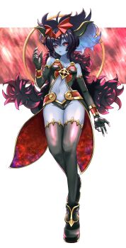 1girl bare_shoulders black_fur black_gloves black_hair black_horns black_sclera black_shoes black_wings blue_skin breasts colored_sclera colored_skin demon_girl demon_horns elbow_gloves full_body fur_trim gloves gold_trim highres horns horns_through_headwear looking_at_viewer mephisto_pheles_(shinrabanshou) navel pointy_ears red_eyes shinrabanshou shoes short_hair small_breasts smile solo thighhighs wings zero_pheles