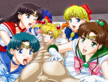 1990s_(style) 1boy 5girls aino_minako apple_pie_(artist) bishoujo_senshi_sailor_moon black_hair blonde_hair blue_eyes blue_hair blue_sailor_collar blush bow breasts brown_hair censored cum cum_in_mouth cum_on_body cum_on_tongue cum_on_upper_body earrings ejaculation facial fellatio game_cg gloves green_eyes handjob hetero hino_rei jewelry kino_makoto licking long_hair looking_at_viewer magical_girl mizuno_ami mosaic_censoring multiple_girls nipple_stimulation nipple_tweak nipples one_eye_closed open_mouth oral penis pink_bow pov purple_eyes red_bow retro_artstyle ribbon sailor_collar sailor_jupiter sailor_mars sailor_mercury sailor_moon sailor_senshi sailor_venus short_hair skirt smile teamwork teamwork_(sexual) testicle_sucking testicles tongue tsukino_usagi very_long_hair very_short_hair wince wink