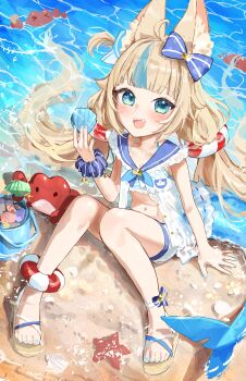 Rule 34 | 1girl, :d, absurdres, animal ear fluff, beach, bikini, bikini under clothes, bikini bottom under shorts, blonde hair, blue bikini, blue eyes, blue hair, blue nails, blue sailor collar, blunt bangs, commentary, crab, day, dress, english commentary, fangs, fins, fish girl, fish tail, frilled bikini, frilled shirt collar, frills, front slit, hair flaps, halterneck, hand up, highres, holding seashell, indie virtual youtuber, kaniki (sameko saba), lifebuoy hair ornament, long hair, looking at viewer, low twintails, meltyrice, midriff, multicolored hair, nail polish, navel, one side up, open mouth, outdoors, sailor collar, sameko saba, sandals, scrunchie, shark girl, shark tail, short shorts, shorts, side-tie bikini bottom, simple background, single bare arm, sitting, smile, solo, starfish, streaked hair, striped bikini, striped clothes, swimsuit, tail, teeth, toenails, twintails, upper teeth only, very long hair, virtual youtuber, white background, white dress, white shorts, wrist scrunchie