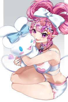 1girl 380_(artist) ahoge bead_necklace beads bell bone_hair_ornament bow bra breasts button_hair_ornament cinnamoroll collar crescent crescent_hair_ornament decora demon_girl demon_tail double_bun fishnet_top fishnets hair_bow hair_bun hair_ornament heart heart_ahoge heart_hair_ornament heart_print highres ironmouse ironmouse_(decora) jewelry large_breasts lollipop_hair_ornament looking_at_viewer multicolored_hair neck_bell necklace open_mouth pink_hair pink_nails purple_eyes purple_hair purple_streaks rabbit_hair_ornament shorts sitting skull_hair_ornament sparkle_hair_ornament spiked_collar spikes star_(symbol) star_hair_ornament streaked_hair tail thighs underwear virtual_youtuber vshojo white_background white_bow white_bra white_shorts x_hair_ornament