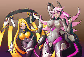 2girls absurdres azure_striker_gunvolt azure_striker_gunvolt_2 black_sclera blonde_hair bodysuit breasts card colored_sclera desna grey_bodysuit highres holding holding_card impossible_bodysuit impossible_clothes large_breasts monitron multiple_girls nike_(gunvolt) pantera_(gunvolt) purple_eyes purple_hair skin_tight yellow_eyes