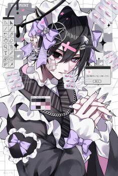 1boy black_eyes black_shirt bow checkered_background commentary_request cursor double-parted_bangs ear_piercing fingernails grey_background grey_nails hair_between_eyes hair_bow heterochromia highres kaminoq long_fingernails long_sleeves looking_at_viewer male_focus nail_polish original own_hands_together parted_lips piercing pill purple_bow purple_eyes shirt sleeve_bow solo upper_body user_interface watermark window_(computing)