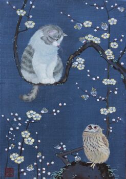 animal animal_focus bird branch cat commentary_request highres matsumoto_ryohei no_humans on_branch original owl