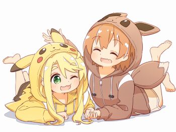 2girls :3 animal_ears barefoot blonde_hair blush brown_hair closed_eyes commentary cosplay eevee eevee_(cosplay) eevee_ears eevee_tail fang feet_up gen_1_pokemon green_eyes highres himesaka_noa holding_hands hood hoshino_hinata lying manse multiple_girls nintendo on_stomach one_eye_closed open_mouth pikachu pikachu_(cosplay) pikachu_costume pikachu_hood pikachu_tail pokemon pokemon_tail simple_background skin_fang tail watashi_ni_tenshi_ga_maiorita! white_background