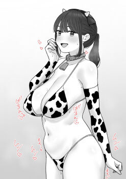 1girl :d absurdres animal_ears animal_print bell bikini breasts collar commentary_request cow_print cow_print_bikini cow_print_gloves elbow_gloves fake_animal_ears gloves hand_up heart highres large_breasts long_hair looking_at_viewer monochrome navel neck_bell open_mouth original ponytail print_bikini print_gloves smile solo standing swimsuit tantanmen72