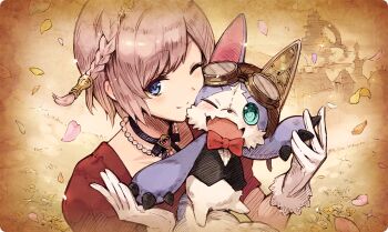 Rule 34 | 1girl, alkemono (ta ga tame no alchemist), blue eyes, braid, closed mouth, commentary, dress, fang, fiona (ta ga tame no alchemist), gloves, jewelry, looking at viewer, meadow, necklace, official art, one eye closed, open mouth, orange petals, outdoors, pearl necklace, pink petals, red dress, single braid, skin fang, smile, stuffed toy, ta ga tame no alchemist, third-party source, white gloves, yellow petals