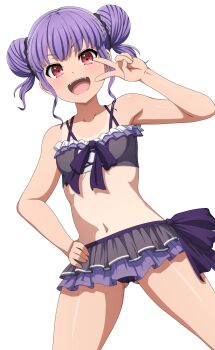 Rule 34 | 1girl, absurdres, bang dream!, bang dream! girls band party!, bikini, bikini day, breasts, commentary, double bun, fangs, gluteal fold, hair bun, hand on own hip, hand up, highres, navel, noshimurin, open mouth, purple bikini, purple hair, red eyes, short hair, sidelocks, simple background, small breasts, solo, stomach, swimsuit, tan, tanline, udagawa ako, v, white background