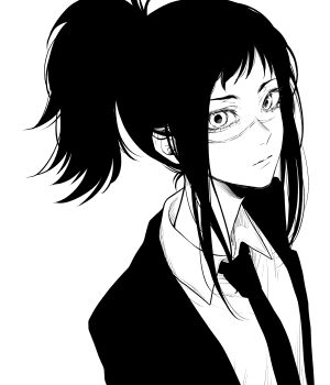 Rule 34 | 1girl, absurdres, chainsaw man, closed mouth, collared shirt, expressionless, greyscale, haru rice, highres, jacket, looking at viewer, monochrome, necktie, ponytail, scar, scar on face, scar on nose, shirt, sidelocks, solo, suit jacket, tendou michiko