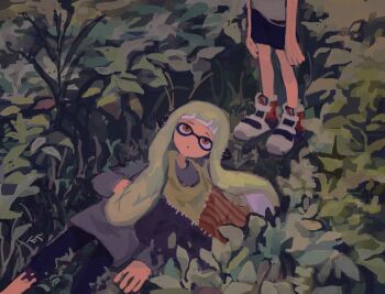 2girls agent_3_(splatoon) black_leggings black_shorts blunt_bangs captain_3_(splatoon) closed_mouth dr_mice grass green_hair headphones highres inkling inkling_girl inkling_player_character leggings long_hair long_sleeves lying multiple_girls nintendo on_back outdoors patchwork_clothes shoes shorts splatoon_(series) splatoon_3 standing tentacle_hair twintails