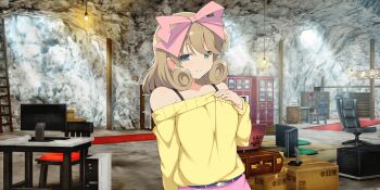 1girl armpit_crease belt biting_own_lip blush body_blush bookshelf bow box bra_strap breasts brown_hair cabinet cardboard_box cave chair collarbone computer curly_hair desk green_eyes hair_bow half-closed_eyes hanging_light haruka_(senran_kagura) highres indoors ladder laptop large_breasts looking_at_viewer microwave official_art pink_bow pink_skirt seductive_smile senran_kagura senran_kagura_shoujo-tachi_no_shin'ei short_hair skirt smile solo sweater swept_bangs swivel_chair table yellow_sweater