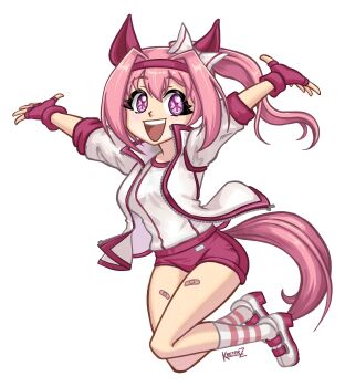 1girl absurdres animal_ears bandaid bandaid_on_leg blush bow breasts buruma commentary ear_bow ear_covers english_commentary fingerless_gloves flower-shaped_pupils flower_in_eye full_body gloves hairband haru_urara_(bestest_prize)_(umamusume) haru_urara_(umamusume) headband highres horse_ears horse_girl horse_tail jacket keeterz long_hair looking_at_viewer open_mouth pink_buruma pink_eyes pink_hair pink_headband ponytail real_life red_buruma red_gloves red_headband shirt simple_background smile socks solo striped_clothes striped_socks symbol-shaped_pupils symbol_in_eye tail teeth upper_teeth_only white_background white_jacket white_shirt