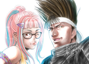 1boy 1girl brown_eyes brown_hair fatal_fury fatal_fury:_city_of_the_wolves glasses hachimaki hair_ornament hairclip headband highres jacket joe_higashi leather leather_jacket multicolored_hair one_eye_closed pink_hair preecha_(fatal_fury) red_eyes ryutaosio snk