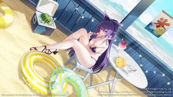 1girl animated azur_lane bikini black_sandals breasts chair cleavage crossover date_a_live english_text food fruit highres holding holding_food holding_popsicle large_breasts long_hair looking_at_viewer manjuu_(azur_lane) navel official_art popsicle purple_bikini purple_eyes purple_hair sandals sideboob sitting smile stomach swim_ring swimsuit tagme thick_thighs thighs very_long_hair video watermelon yatogami_tohka