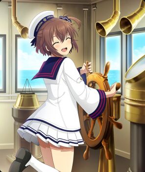 1girl :d black_shoes blue_sailor_collar blue_scrunchie blue_sky blush brown_hair closed_eyes cloud day dot_nose etou_kanami facing_to_the_side facing_viewer from_side game_cg hair_ornament hair_scrunchie hat horizon long_sleeves mini_hat ocean official_art one_side_up open_mouth sailor_collar sailor_hat sailor_shirt scrunchie ship&#039;s_wheel shirt shoes short_hair skirt sky smile socks solo speaking_tube standing standing_on_one_leg teeth third-party_source tilted_headwear toji_no_miko toji_no_miko:_kizamishi_issen_no_tomoshibi upper_teeth_only white_hat white_shirt white_skirt white_socks wide_sleeves