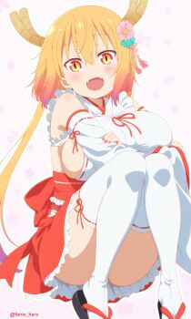 1girl bare_shoulders breasts convenient_censoring dot_nose dragon_girl dragon_horns fang female_focus fenix_herz flower hair_between_eyes hair_flower hair_ornament horns kobayashi-san_chi_no_maidragon large_breasts long_hair looking_at_viewer nail_polish open_mouth sandals sideboob sitting solo thighhighs tohru_(maidragon) twitter_username white_thighhighs