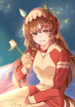 1girl absurdres alternate_costume animal_ears blush breasts brown_hair buruma commentary_request food hair_between_eyes hair_ornament highres horse_ears horse_girl hubu-iti616 long_hair looking_at_viewer marshmallow ocean open_mouth red_eyes sky solo star_(sky) starry_sky still_in_love_(umamusume) thighs umamusume veil