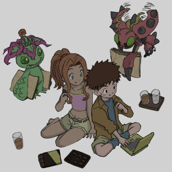 brown_hair bug cardboard child computer digimon digimon_(creature) digimon_adventure grey_background high_ponytail izumi_koshiro laptop long_hair orange_shirt palmon plant_monster ponytail shirt short_hair shorts simple_background sitting tachikawa_mimi takeuchi_(rtakeuchi1535) tentomon