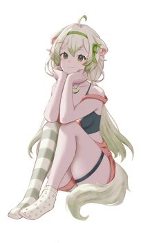1girl ahoge animal_ears eyeliner ferret_ears ferret_girl ferret_tail food food-themed_necklace fruit green_eyeliner green_eyes green_hair green_tail hairband laimu_(vtuber) legs_together lime_(fruit) lime_slice makeup multicolored_hair neruyoillust on_floor paw_print paw_print_pattern ribbon short_hair shorts single_thighhigh sitting smile socks suspenders suspenders_hanging thigh_strap thighhighs thighs two-tone_hair two-tone_tail vinesauce virtual_youtuber white_background white_hair white_tail