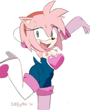 2020 2020s amy_rose amy_the_bat breasts breasts_out cosplay elbow_gloves fang female_focus gloves highres pink_fur pink_hair rouge_the_bat_(cosplay) small_breasts sonic_(series) sooperman