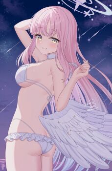 1girl angel_wings arm_up ass back bikini blue_archive breasts choker closed_mouth commentary crescent feathered_wings highres kurumi_lm long_hair looking_at_viewer looking_back low_wings medium_breasts mika_(blue_archive) mika_(swimsuit)_(blue_archive) night official_alternate_costume official_alternate_hairstyle outdoors pink_hair shooting_star sideboob signature sky smile solo star_(sky) starry_sky swimsuit very_long_hair white_bikini white_choker white_wings wing_ornament wings