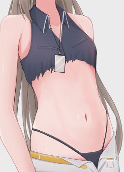1girl absurdres belt bikini black_bikini black_shirt breasts brown_hair collared_shirt commentary cropped_shirt english_commentary girls'_frontline girls'_frontline_2:_exilium grey_background head_out_of_frame highleg highleg_bikini highres id_card lanyard leva_(girls'_frontline_2) leva_(sultry_tempo)_(girls'_frontline_2) long_hair navel official_alternate_costume open_fly reinainn shirt shorts simple_background sleeveless sleeveless_shirt small_breasts solo stomach string_bikini swimsuit torn_clothes torn_shirt ump45_(girls'_frontline) upper_body very_long_hair white_shorts yellow_belt