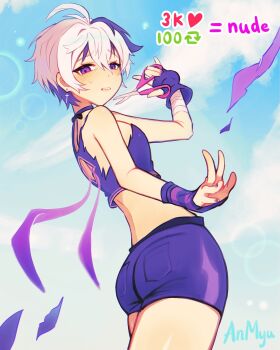 1girl androgynous anmyu arm_warmers artist_name ass back_cutout bandaged_arm bandages blush clothing_cutout commentary cowboy_shot day embarrassed english_text fingerless_gloves flower_(vocaloid) flower_(vocaloid4) from_below from_side gloves highres holding holding_scissors lens_flare like_and_retweet looking_at_viewer multicolored_hair outdoors parted_lips purple_arm_warmers purple_eyes purple_gloves purple_shorts purple_streaks scissors short_hair short_shorts shorts single_arm_warmer single_fingerless_glove sky solo symbol-only_commentary torn_clothes twitter_cutting_game vocaloid white_background white_hair