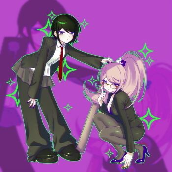 2girls alternate_costume alternate_hairstyle baseball_bat bear_hair_ornament bespectacled black_eyes black_hair black_jacket black_pants black_shoes black_skirt blonde_hair breasts cleavage closed_mouth collared_shirt danganronpa:_trigger_happy_havoc danganronpa_(series) freckles full_body glasses green_outline grey_pantyhose grey_skirt hair_ornament hand_on_ground hashtag-only_commentary high_heels highres ikusaba_mukuro index_finger_raised jacket monokuma multiple_girls nail_polish necktie open_clothes open_jacket open_mouth outline pants pants_under_skirt pantyhose ponytail purple_background purple_eyes red-framed_eyewear red_nails red_necktie shirt shoes short_hair siblings sisters skirt smile sparkle squatting standing wawa_(uwu_0427) white_shirt zoom_layer