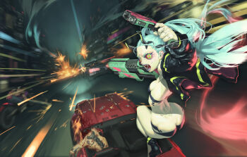 1girl artificial_eye battle blood blurry blurry_background bullet_hole car city colored_sclera colored_skin cyberpunk:_edgerunners cyberpunk_(series) cyborg decapitation driving dual_wielding eye_trail gun handgun holding joo_sung_kang light_trail mechanical_eye mechanical_hands motion_blur motor_vehicle outdoors rebecca_(cyberpunk) red_pupils red_sclera samurai_jacket_(cyberpunk) shotgun weapon white_skin