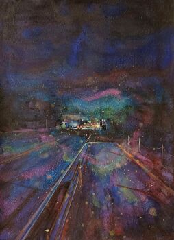 Rule 34 | acrylic paint (medium), building, city, commentary request, highres, jobanni, night, no humans, original, outdoors, painting (medium), scenery, traditional media