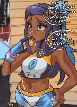 1girl bare_shoulders black_hair blue_eyes blue_hair breasts commentary crop_top dark-skinned_female dark_skin earrings english_commentary english_text gloves jewelry long_hair moxydraws nessa_(pokemon) nintendo pokemon pokemon_swsh shorts single_glove speech_bubble swimsuit