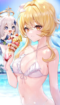 2girls :d bare_shoulders bikini black_bikini blonde_hair blue_sky blush breasts cleavage criss-cross_halter day docozi floating flower food frilled_bikini frills genshin_impact hair_flower hair_intakes hair_ornament halo halterneck hat highres holding ice_cream looking_at_viewer lumine_(genshin_impact) mini_hat multiple_girls navel open_mouth orange_eyes outdoors paimon_(genshin_impact) parted_lips short_hair short_hair_with_long_locks sidelocks silver_hair sky small_breasts smile sparkling_eyes stomach string_bikini sundae swimsuit upper_body white_bikini white_flower