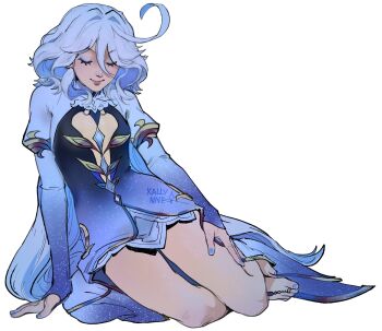 Rule 34 | 1girl, ahoge, barefoot, blue dress, blue eyeshadow, blue hair, closed eyes, closed mouth, dress, eyeshadow, focalors (genshin impact), genshin impact, hand on ground, hand on own thigh, hashtag-only commentary, highres, jewelry, kallynnekmi, long hair, makeup, multicolored dress, pink lips, simple background, sitting, smile, solo, toe ring, white background, white dress, white hair