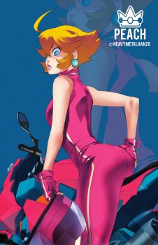 1girl ahoge alternate_costume alternate_hair_length_(shorter) ass blonde_hair blue_background blue_eyes breasts bright_pupils character_name commentary crown_(symbol) earrings english_commentary eyelashes fingerless_gloves gloves hair_between_eyes hand_on_own_ass helmet highres holding holding_unworn_helmet jewelry lips mario_(series) metalhanzo motor_vehicle motorcycle motorcycle_helmet nintendo pants pink_gloves pink_helmet pink_pants pink_shirt princess_peach shirt short_hair signature sleeveless sleeveless_shirt solo twitter_username unworn_headwear unworn_helmet white_pupils zoom_layer
