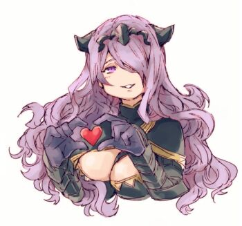1girl armor black_armor breasts camilla_(fire_emblem) cleavage fire_emblem fire_emblem_fates hair_over_one_eye heart heart_hands hotate_rayan large_breasts long_hair looking_at_viewer nintendo purple_eyes purple_hair smile solo tiara wavy_hair