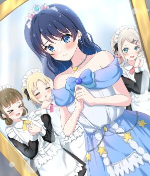 &gt;_&lt; 4girls :d =_= armpit_crease bare_shoulders bead_necklace beads black_dress blonde_hair blue_bow blue_dress blue_eyes blue_hair blunt_bangs bow brown_hair ceras_yanagida_lilienfeld cho_toutoi_love closed_eyes collared_dress commentary double_bun dress dress_bow dutch_angle full-length_mirror grey_hair hair_bun hair_ornament heart heart_necklace highres jewelry kachimachi_kosuzu katanashi_(ktnsh_popu) link!_like!_love_live! long_hair long_sleeves love_live! maid maid_headdress master_and_servant mirror mole mole_on_neck multiple_girls murano_sayaka necklace nervous off-shoulder_dress off_shoulder official_alternate_costume open_mouth osawa_rurino parted_bangs princess raised_inner_eyebrows reflection reflection_focus ruri&amp;to_(love_live!) silver_tiara smile star_(symbol) virtual_youtuber x_hair_ornament xd