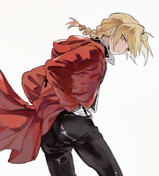 Rule 34 | 1boy, ass, black pants, black shirt, blonde hair, braid, closed mouth, coat, collared shirt, edward elric, feet out of frame, frown, fullmetal alchemist, hand on own hip, highres, long hair, long sleeves, looking at viewer, male focus, pants, popped collar, red coat, shirt, simple background, single braid, solo, standing, white background, xue ezi