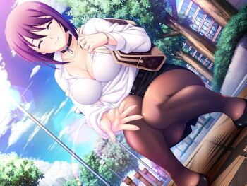 1girl ^_^ bag belt blue_sky blush bracelet breasts brown_pantyhose building bush choker cleavage closed_eyes closed_mouth cloud collar collarbone day dress_shirt dutch_angle game_cg handbag high_heels jewelry lamppost large_breasts large_variant_set lens_flare long_sleeves miniskirt nerawareta_megami_tenshi_angel_tear non-web_source office_lady official_art outdoors panties panties_under_pantyhose pantyhose pantyshot park pencil_skirt purple_hair road shirt shizumi_suzune short_hair skirt sky smile solo squatting street teacher tree tsukumo_kazuita underwear upskirt variant_set watch white_shirt wristwatch