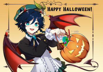 1boy absurdres aqua_eyes aqua_hair basket black_hair black_jacket braid candy demon_horns demon_tail demon_wings dress flower food genshin_impact gradient_background gradient_hair green_hat halloween halloween_costume happy_halloween hat hat_flower highres holding holding_basket horns jack-o&#039;-lantern jacket lkari_shi long_sleeves male_focus multicolored_hair open_mouth smile solo tail twin_braids venti_(genshin_impact) white_dress wings
